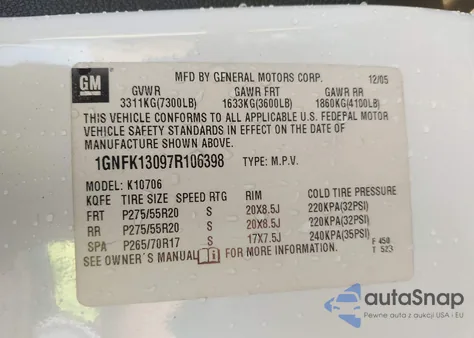 2007 Chevrolet Tahoe Ltz z USA, uszkodzony, nr VIN 1GNFK13097R106398